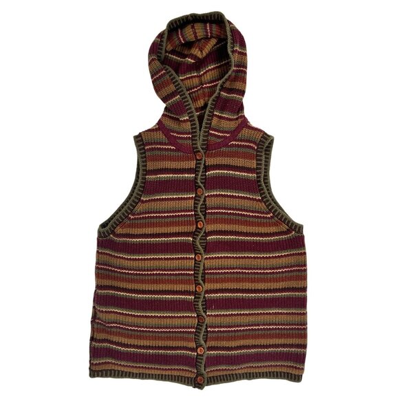 Vintage 90s Aeropostale Brown Striped Boho Granola Hooded Knit Grandpa Vest / L - Picture 6 of 8
